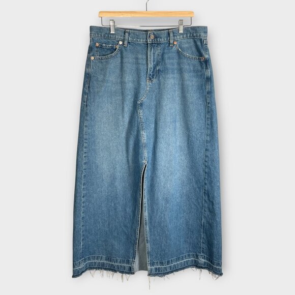 Gap Front Split Frayed Bottom Maxi Denim Skirt Women's 32 / 14 Blue Medium Wash - Picture 1 of 7